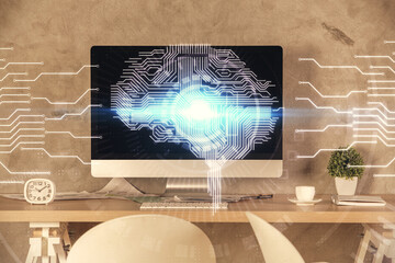 Multi exposure of brain drawing and office interior background. Concept of data technology.
