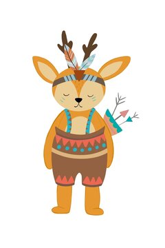 cute cartoon tribal deer with feathers. Boho style. Image of animals, arrows, feathers, flowers, wigwam, dreamcatcher.Raster on national American motifs for a child, postcards, flyers, posters, prints