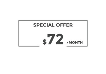 Fototapeta premium $72 USD Dollar Month sale promotion Banner. Special offer, 72 dollar month price tag, shop now button. Business or shopping promotion marketing concept 