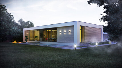 3D visualization of a modern house. flat roof house
