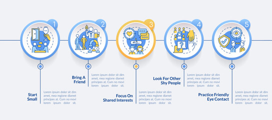 Networking tips for shy professionals circle infographic template. Guide. Data visualization with 5 steps. Editable timeline info chart. Workflow layout with line icons. Lato Bold, Regular fonts used © bsd studio