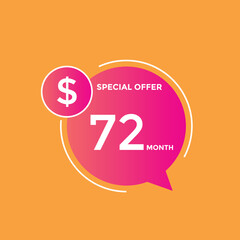 $72 USD Dollar Month sale promotion Banner. Special offer, 72 dollar month price tag, shop now button. Business or shopping promotion marketing concept
