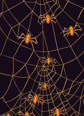 A spider net with arachnids on Halloween orange colours on a black background. Spooky Halloween festivity card invitation vector image