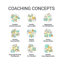 Coaching concept icons set. Mentorship program idea thin line color illustrations. Mentee, mentor. Career opportunities. Isolated symbols. Editable stroke. Roboto-Medium, Myriad Pro-Bold fonts used
