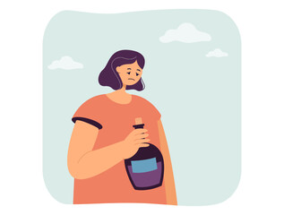 Sad woman holding bottle of alcohol. Drinking problem of depressed addicted lonely person flat vector illustration. Addiction, narcology concept for banner, website design or landing web page