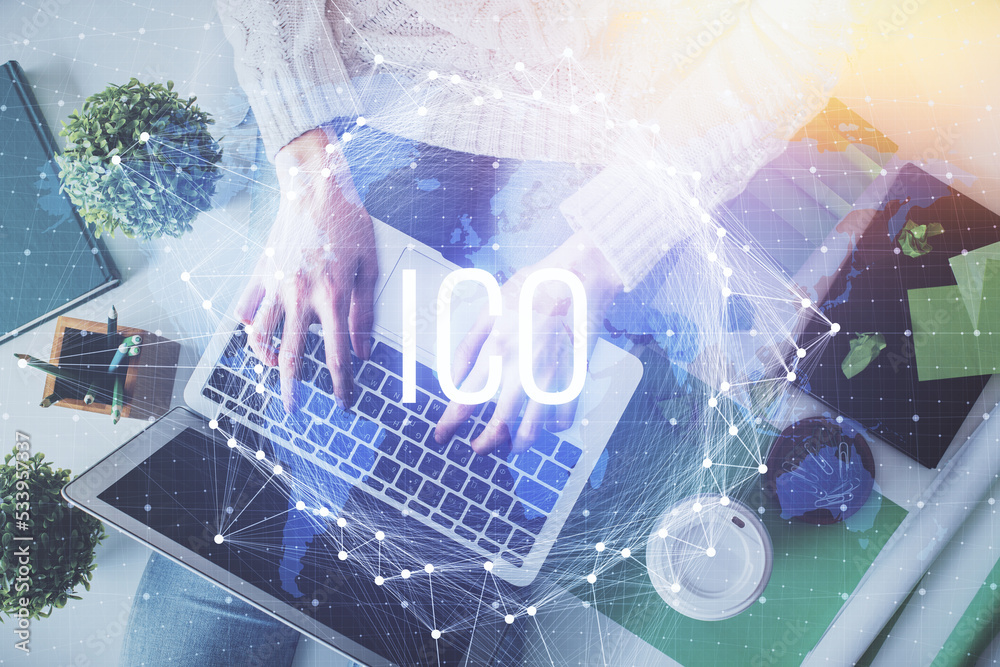 Poster double exposure of woman hands working on computer and blockchain theme hologram drawing. top view. 