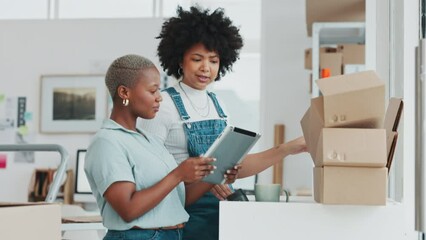 Ecommerce planning, tablet shipping and women talking about delivery box, collaboration with stock in office and working in retail industry at work. African employees speaking about cargo with tech
