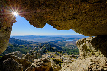 Sun flare at La Ventana near La Barranca,a popular hiking area in the Guadarrama mountain range near Madrid