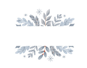 Christmas vector frame. Winter postcard in flat cartoon style. Happy new year. Botanical border with blue fir branches, leaves, berries. Perfect for invitations, home decor, print, postcards