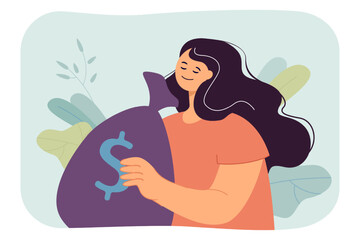 Happy rich woman holding bag full of cash money. Financial profit and benefit of person flat vector illustration. Salary, payment, prize concept for banner, website design or landing web page