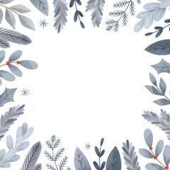 Christmas vector frame. Winter postcard in flat cartoon style. Happy new year. Botanical border with blue fir branches, leaves, berries. Perfect for invitations, home decor, print, postcards