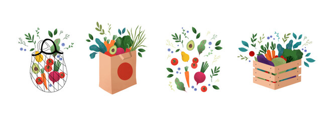 Vector illustration - Wooden box and grocery bag with raw vegetables, fruits. Tomato, avocado, aubergines, beetroot and greens. Vegan lifestyle. Perfect for supermarkets, local shops, delivery, market - 533957788