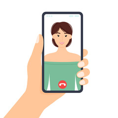 Hand holding phone. Smartphone screen with beautiful girl. Video call, vector illustration