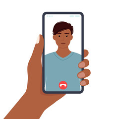 Hand holding phone. Smartphone screen with handsome man. Video call, vector illustration