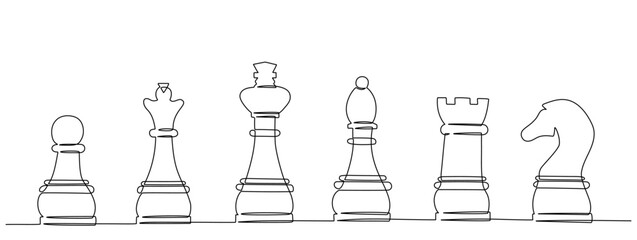 Continuous one line drawing of chess pieces. Vector illustration