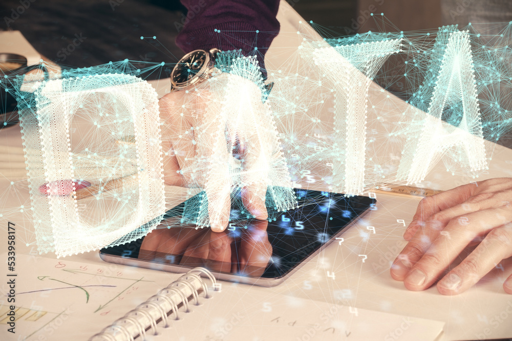 Poster Double exposure of man's hand holding and using a digital device and data theme drawing. Technology concept.