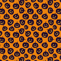 Pumpkins scary faces  vector pattern. Halloween dark background design. 