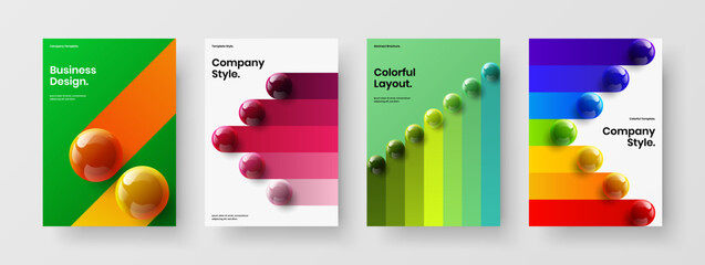 Unique brochure design vector layout collection. Vivid realistic spheres company cover template set.