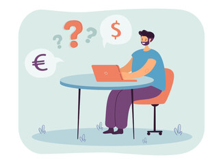 Man choosing between dollar and euro. Person sitting at table with laptop, thinking about currency exchange flat vector illustration. Money concept for banner, website design or landing web page
