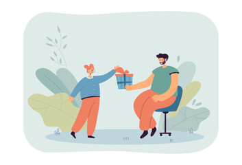 Father giving gift to daughter. Man sitting in chair, holding present box with bow and ribbon flat vector illustration. Birthday, family love concept for banner, website design or landing web page