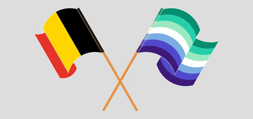 Crossed and waving flags of Belgium and gay men pride