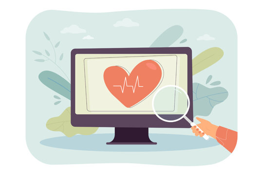 Hand with magnifying glass examining heart on computer monitor. Online health care search for person flat vector illustration. Cardiology concept for banner, website design or landing web page