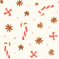 Watercolor Christmas seamless pattern with Candy Canes and Anise. Pattern with Striped Red Lollipops. Illustration For Winter Holidays. Design for packaging and textiles.