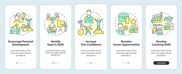 Benefits of mentoring relationship onboarding mobile app screen. Walkthrough 5 steps editable graphic instructions with linear concepts. UI, UX, GUI template. Myriad Pro-Bold, Regular fonts used