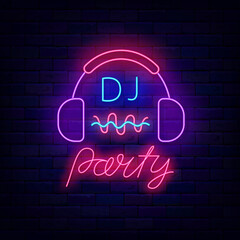 Fototapeta na wymiar Dj party neon signboard. Shiny street advertising. Headphones with sound waves. Vector stock illustration
