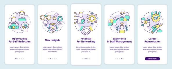 Benefits for mentors onboarding mobile app screen. Self-reflection walkthrough 5 steps editable graphic instructions with linear concepts. UI, UX, GUI template. Myriad Pro-Bold, Regular fonts used