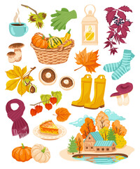 Different autumn elements vector illustrations set. Collection of drawings of tea, scarf, gloves, hazelnuts, mushrooms, pumpkins isolated on white background. Autumn, seasons, Thanksgiving day concept