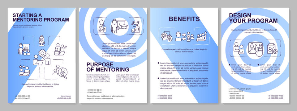 Launching mentorship program blue gradient brochure template. Design plan. Leaflet design with linear icons. 4 vector layouts for presentation, annual reports. Arial, Myriad Pro-Regular fonts used