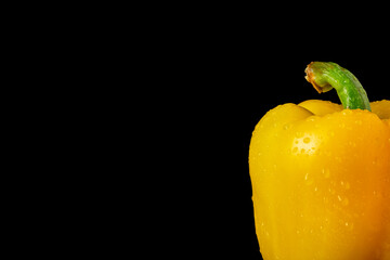 Pod of yellow sweet pepper is wet in drops of moisture on black isolated studio background. Juicy...