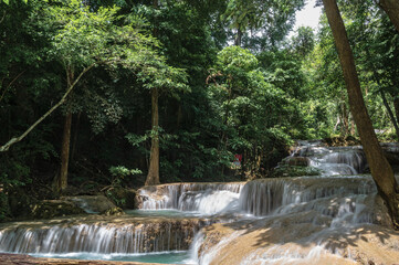 Landscape view of Erawan waterfall kanchanaburi thailand.Erawan National Park is home to one of the most popular falls in the thailand.First floor of erawan waterfall “Hlai Khuen Rung”