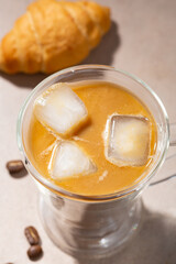 Top view of iced coffee with ice cubes beverages