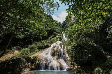 Landscape view of Erawan waterfall kanchanaburi thailand.Erawan National Park is home to one of the most popular falls in the thailand.The seven level of Erawan waterfall is called "Phu Pha Erawan"