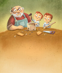 Illustration of a grandfather with his grandchildren making an aviary