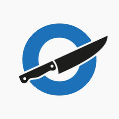 Knife Logo On Letter O Concept For Restaurant and Kitchen Symbol Logotype