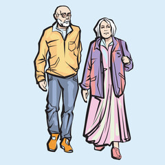 Happy elderly couple on a walk. Ink drawing. Vector illustration