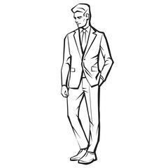 Businessman in suit standing, abstract ink drawing vector silhouette. Male fashion model