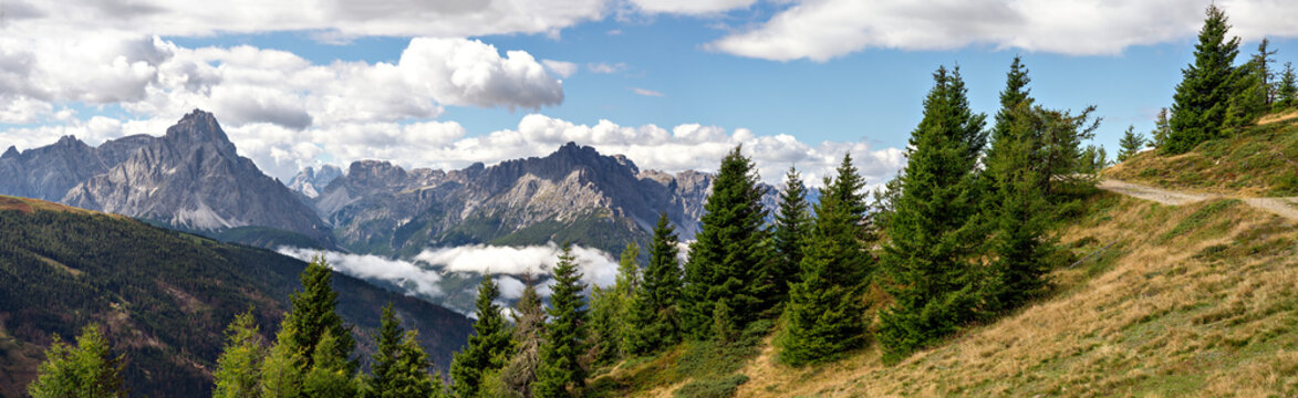  panoramic view from the mountain Turnthaler onto the Sextner Dolomites in South Tirol, Italy © leopold