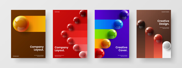 Fresh postcard design vector concept bundle. Abstract 3D spheres annual report layout collection.