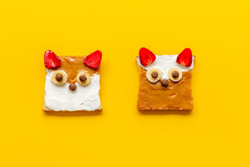Childrens fox face sandwiches toast bread with peanut butter and strawberries