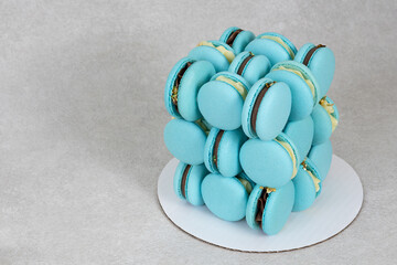 unusual almond blue macaron cake. creative cake cube for holiday