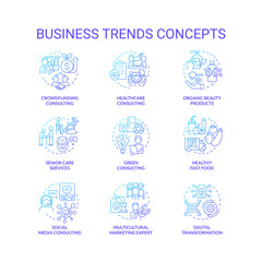 Business trends blue gradient concept icons set. Popular services and products. Digitalization idea thin line color illustrations. Isolated symbols. Roboto-Medium, Myriad Pro-Bold fonts used