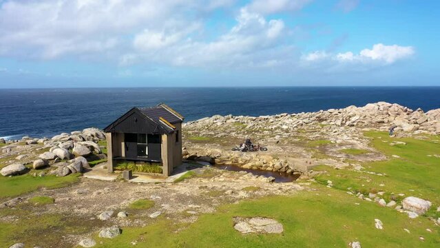 Aerial view of Derek Hills hut on Tory Island, County Donegal, Ireland