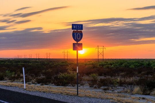 A Shot Of The I-10 Roadsign At Sunset In The West Texas Desert
