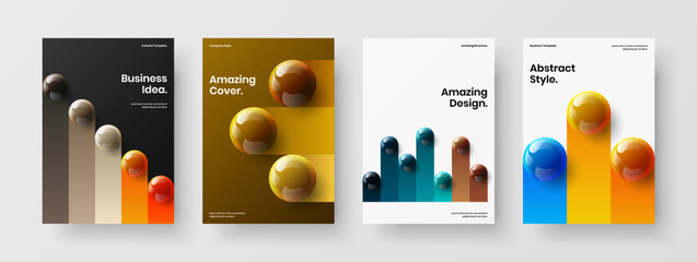 Simple realistic spheres catalog cover illustration set. Minimalistic company brochure vector design template collection.