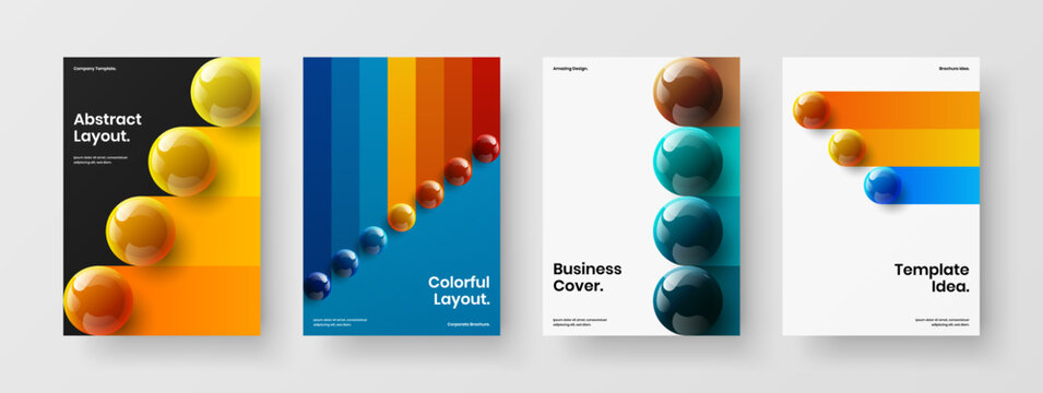 Multicolored Book Cover Vector Design Concept Set. Creative 3D Balls Corporate Identity Template Composition.