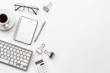 Layout of blogger or designer desktop with computer in monochrome style